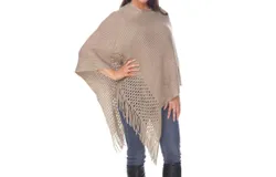 White Mark Sansa Gold Knit Fringe Poncho In Beige