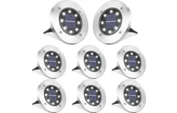Solar Ground Lights Outdoor&comma; 8 Pack 8 LED Solar Disk Lights Waterproof Garden In-ground Pathway Lights Landscape Lighting for Lawn&comma;Yard&comma;Deck&comma;Patio&comma;Walkway &lpar;White&rpar;