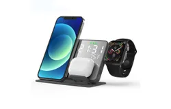 4-in-1 15W Apple Wireless Charger&comma; Clock LED Digital Display Alarm Temperature Cell Phone Headphone Wireless Charging Stand