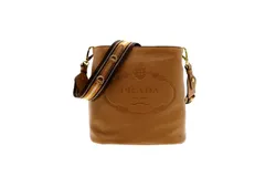 Prada Vitello Phenix Bucket Crossbody Bag Caramel Brown Web Strap