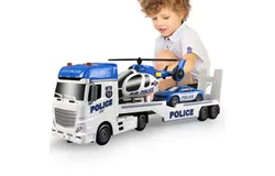Dwi Dowellin Toddler Boy Toys for 3 4 5 6 Year Old&comma; 25" Semi Truck Toy with Racing Car and Helicopter - Police Toys