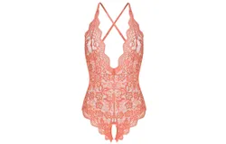 Women One Piece Lingerie Sexy Teddy Lingerie V Neck Sexy Bodysuit Lace Nightie-2Set Pink