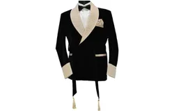 Men Black Velvet Smoking JacketCOLOR&colon;NEGRO&sol; Cream Quilted Regular Fit Relaxed Fit Evening Gown Robe Jacket SIZE 4XL
