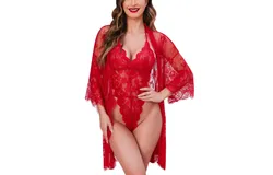 Avidlove Women Sexy Lingerie Set 2 Piece Lace Kimono Robe with Lace Teddy Lingerie Bodysuit&comma;Red&comma;3X-Large