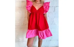 Day &plus; Moon Color Contrast Ruffle Dress In Red&sol;pink