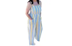 Umgee Smocked Jumpsuit In Yellow And Blue Stripes