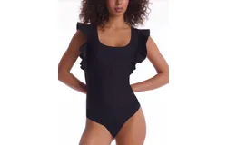 Commando Neoprene Square Neck Ruffle Bodysuit In Black