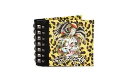 Ed Hardy Men&apos;s Leopard Print Skull With Studs Bifold Wallet In Yellow&sol;black