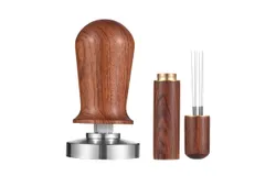 51mm Espresso Tamper & Stirrer Set Coffee Calibrated Tamper with Spring Loaded Flat 304 Stainless Steel Base Barista Wooden Handle Press for Espresso Machine