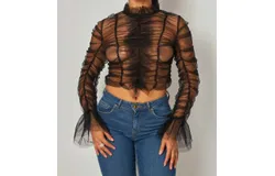 Hot & Delicious All Of Me Shirred Ruffle Long Sleeve Top In Black