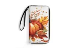 Sunflower Pumpkin Wallet for Womens PU Leather Zip Around Wallers Clutch Wristlet Travel Long Purse
