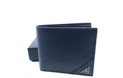 Prada Mens Vitello Micro Grain Navy Blue Leather Triangle Logo Bifold Wallet