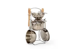 Bigjigs Toys Rejilla para ollas de cocina&comma; incluye 4 ollas y sartenes y 2 utensilios de cocina