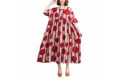 Women Dress O-neck Short Sleeves Pockets Floral Print Pleated Hem Plus Size Vintage Long Dress