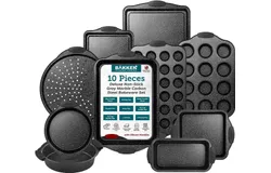 BAKKEN Kitchen Baking Pan Set - Nonstick Coating&comma; Carbon Steel Bakeware Sets with Gray Silicone Handles&comma; Baking Kitchen Essentials&comma; PFOA&comma; PFOS&comma; PTFE Free&comma; Oven Safe Tray &lpar;Up To 450° F&rpar;&comma; Set of 10