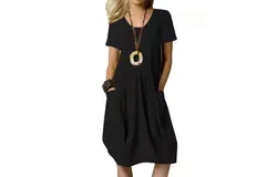 Women&apos;s Cotton Dress Summer Long Tunic Dress Long Summer Dress Elegant Plain Beach Dress Boho Casual Loose Swing Casual Dress Short Sleeve Crew Neck Dress with Pockets Black