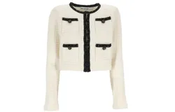 Self Portrait Women Textured Knit Black Trim 4 Pockets Cardigan Sweater Cream