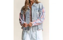 J&period;nna Color Block Plaid And Denim Jacket In Pink Plaid Denim