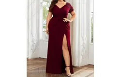 Ever-Pretty Front Slit Short Sleeve With Sequin Mother Of The Bride Dress In Burgundy
