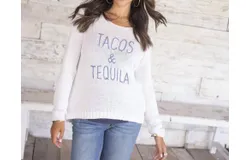 Wooden Ships Tacos & Tequila Crew Sweater In White&sol;denim