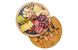 BlauKe® Bamboo Cheese Board with Knife Set and Slate – 12 inch Round Charcuterie Board&comma; Serving Tray&comma; Platter&comma; Wood Cheese Board Set – Gift Idea