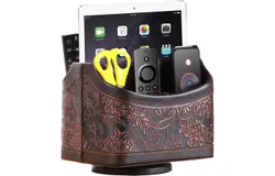 Antique Leather Remote Control Holder&comma; 360 Degree Swivel Desk TV Remote Control Box&sol;Box&comma; Nightstand Storage Box to Store Controllers&comma; Media&comma; Calculator&comma; Cell Phone and Pens