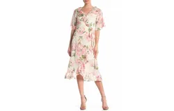 Melloday Floral Short Sleeve Ruffle Wrap High Low Dress In Pink&comma; Ivory