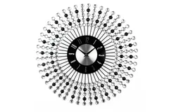 Diameter 43cm Silent Metal Shiny Crystal Sunburst Wall Clock Silver Black Battery Powered Large Modern Art Deco Starburst Medieval Wall Clock Suitable for Living Room Kitchen Office
