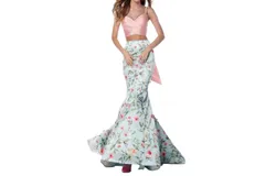 Sherri Hill Satin Two-Piece Cross Bodice Casual Dress In Blush&sol;aqua Prin