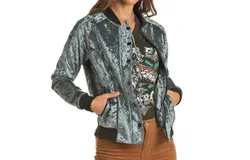 Rock & Roll Denim Velour Bomber Jacket In Teal