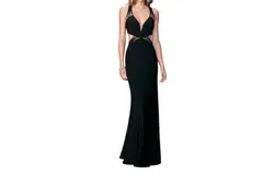 La Femme V Neck Jersey Gown In Black