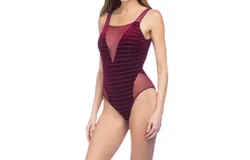 Kenneth Cole Stripe Mesh High Leg One Piece Swimsuit In Burgundy Velvet