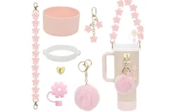 Accessories for Stanley Cup Set Including Water Bottle Handle Strap&comma; Siliocne Stanley Cup Boot&comma; Siliocne Straw Cover&comma; Stanley Charms for Stanley Cup 40oz & 30oz Tumbler--Light Pink