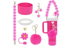 Accessories for Stanley Cup Set Including Water Bottle Handle Strap&comma; Siliocne Stanley Cup Boot&comma; Siliocne Straw Cover&comma; Stanley Charms for Stanley Cup 40oz & 30oz Tumbler--Rose Red
