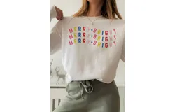 Wknder Merry And Bright Crewneck Sweatshirt In White&comma; Red&comma; Blue&comma; Yellow&comma; Pink