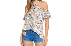 Davi & Dani Amelia Animal Print Cold-Shoulder Top In Pink