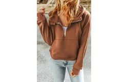 Sweet Lover Fashion Comfy Quarter Zip Kangaroo Pocket Hoodie In Brown