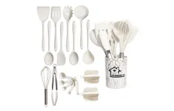 Cooking Utensils Set&comma; 18pcs Kitchen Silicone Utensils&comma; Heat Resistant Non Toxic & BPA-Free with Holder & Wooden Handle&comma; Home Essential Accessories &lpar;WHite&rpar;