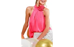 Vine & Love Tie Neck Corsage Flower Detail Chiffon Top In Pink