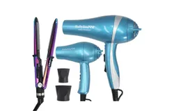 BaByliss Pro Nano Titanium Professional Lightweight Ionic Dryer & Folding Travel Dryer &num;BNTPP70 &plus; BaByliss Pro Nano Titanium Prima2000 3&sol;4" Stainless Steel Mini Flat &sol; Curling Iron Iridescent &num;BNTBRB2000UC