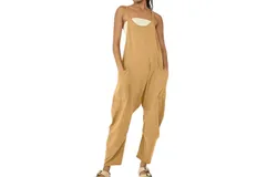 Women&apos;s Loose Sleeveless Suspender Jumpsuit Loose Long Jumpsuit Harem Pants Work Clothes Overalls Suit Pockets &lpar;Khaki&rpar;