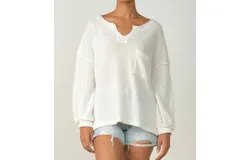 Elan Long Sleeve V-Neck Front Thermal Sweater In White