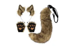 Faux Fur Wolf Ears Headband Fox Tail and Paw Gloves Set Cosplay Halloween Costume Accessories&lpar;Yellow&rpar;