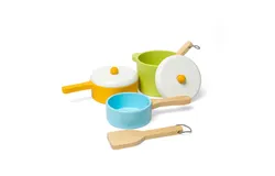 Bigjigs Toys Juego de ollas y sartenes de madera&comma; incluye 3 ollas&comma; 2 tapas y 2 utensilios de cocina&comma; juegos de simulación&comma; juegos de rol