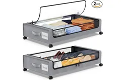 Under Bed Storage with Wheels&comma; 2Pack Under Bed Storage Containers&comma;Under Bed Shoe Storage Organizer with Clear Window&Label&comma;Rolling Under Bed Storage Metal Drawer for Clothes&comma;Shoes&comma;Toys