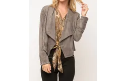 Mystree Faux Suede Draped Lapel Jacket In Charcoal