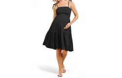 Hello Miz Smocked Tie Strap Maternity Ruffle Dress In Black