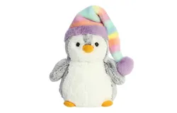 Aurora® Festive PomPom Penguin™ 23cm Pom Pom Rainbow Hat™ Gray Stuffed Animal