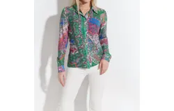 Oolala Printed Button Front Mesh Shirt In Green