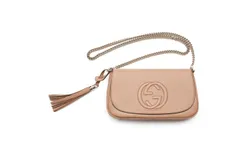 Gucci Soho Disco GG Tassel Gold Chain Crossbody Flap Bag Camelia Beige